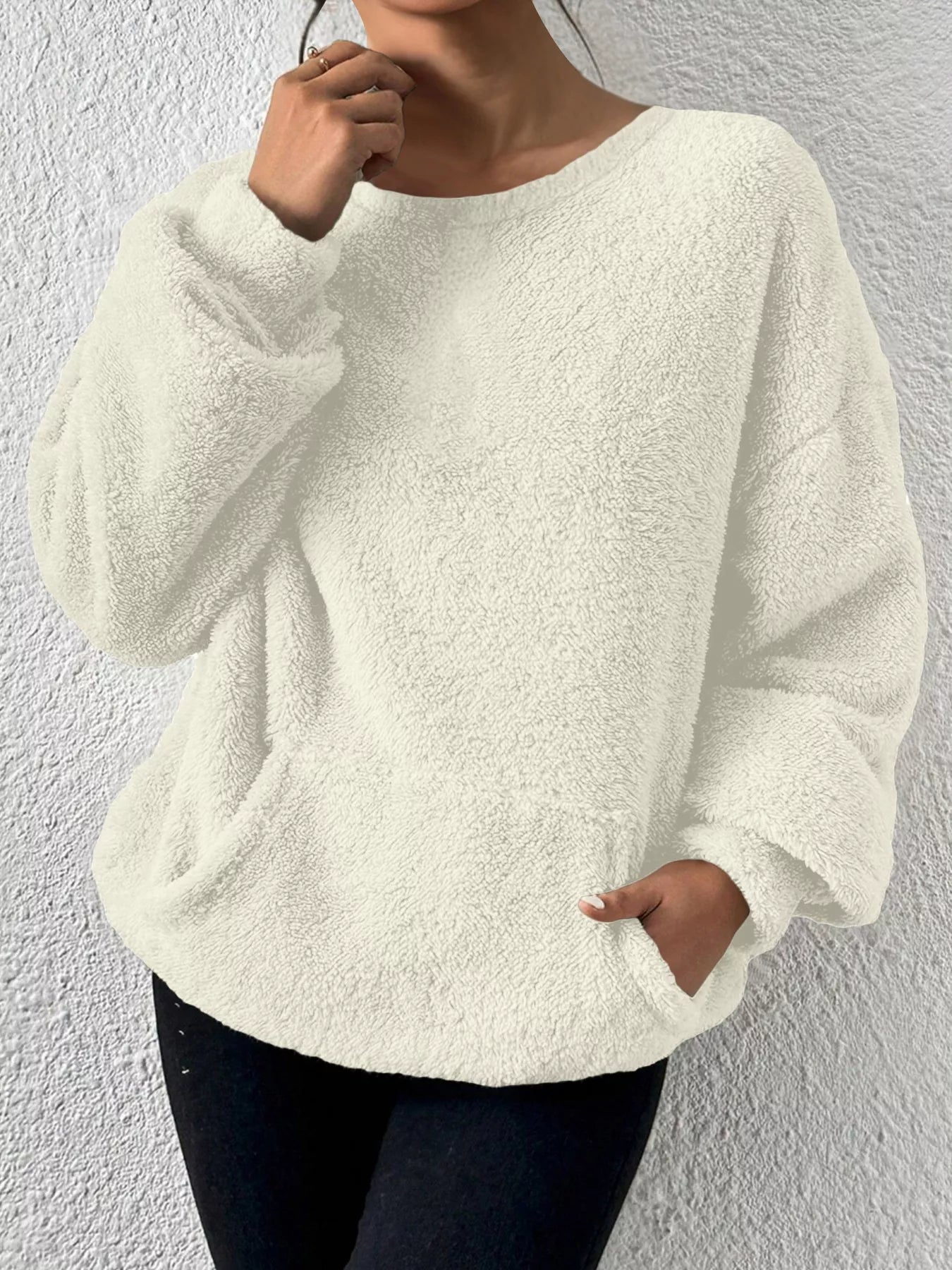 Sarah Express Women's Fleece Round Neck Dropped Shoulder Sweatshirt Plus Size