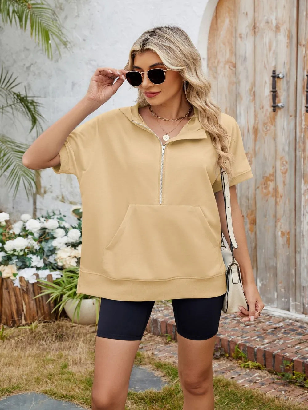 Sarah Express Women's Half Zip Short Sleeve Hooded Top Mustard