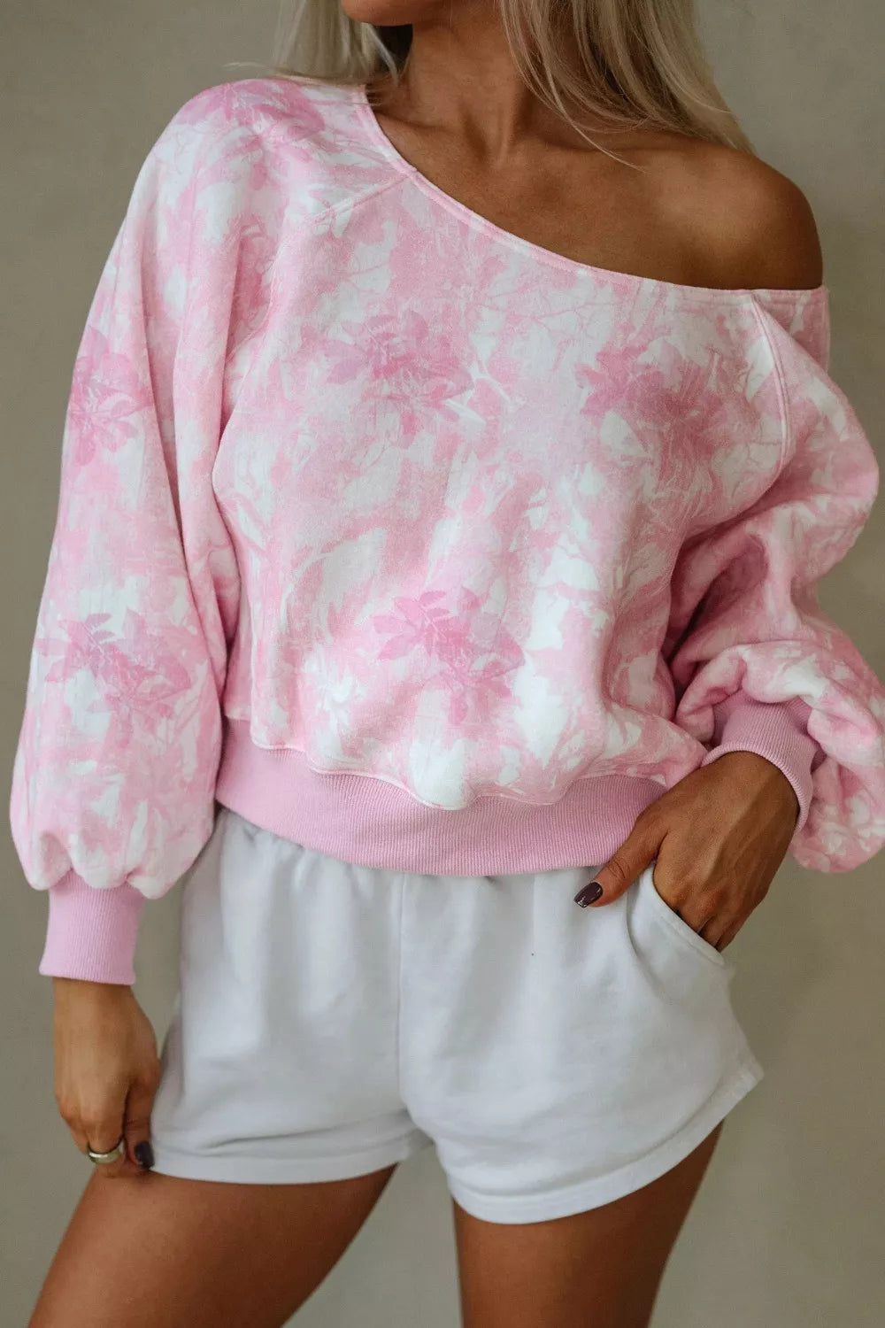 Sarah Express Women's Floral Print One-Shoulder Oversized Sweatshirt Blush Pink