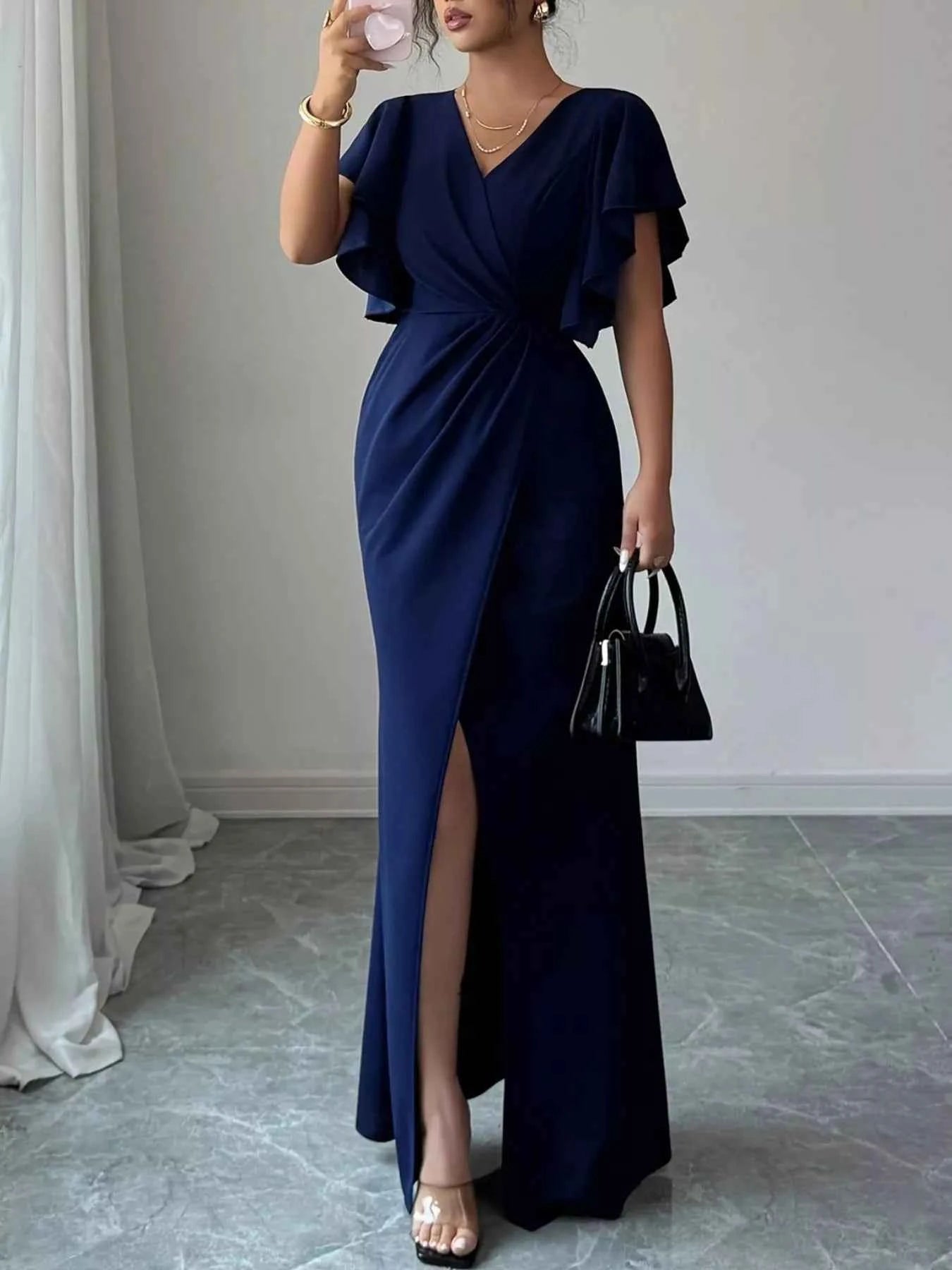 Sarah Express Women's Surplice Flutter Sleeve Maxi Dress - Ruched Slit Evening Dress Navy