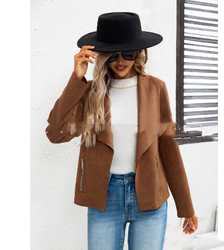 Sarah Express Women's Solid Color Suede Jacket Long Sleeve Button Front Coat