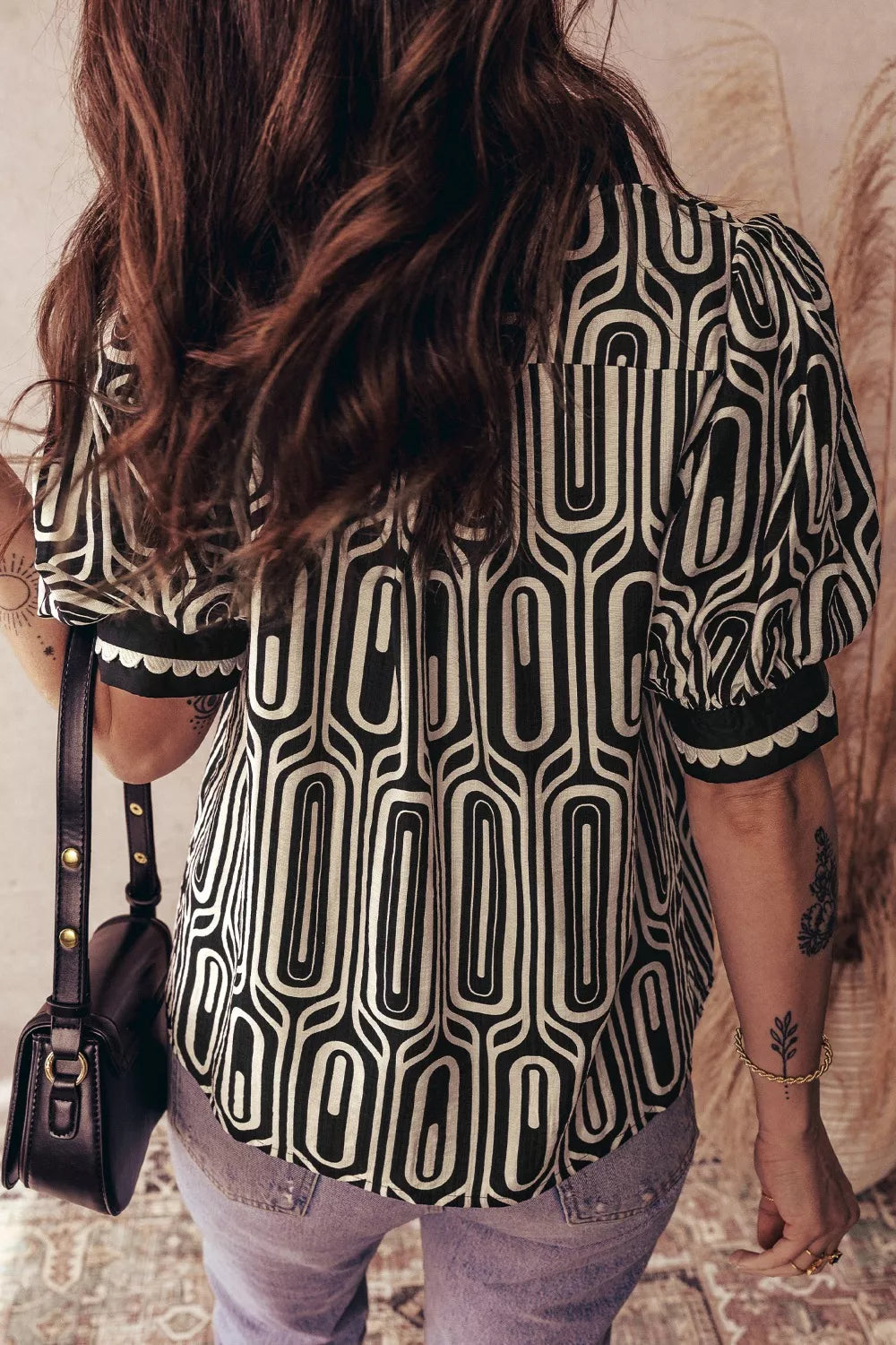 Sarah Express Women's Geometric Print Color Block Blouse - Short Sleeve Scallop Patchwork Top