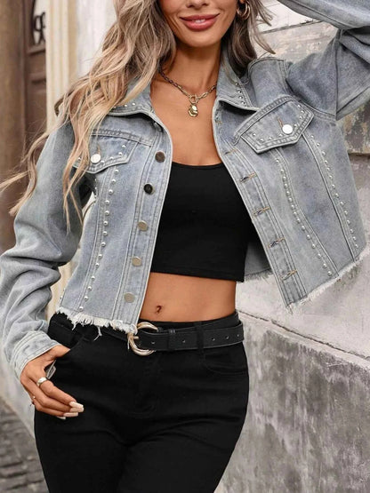 Studded Raw Hem Denim Jacket