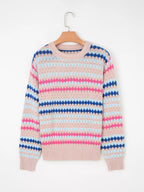 Sarah Express Women's Stripe Eyelet Patterned Drop Shoulder Sweater
