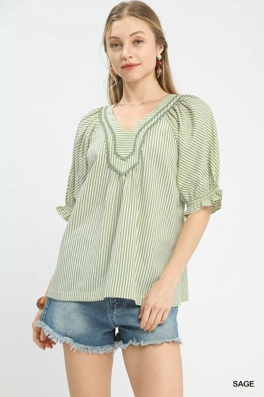 Sarah Express Women's Stripe V-Neck Blouse with Lace Detail SAGE