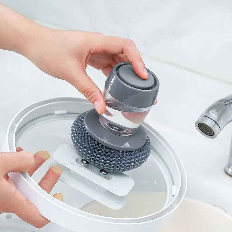 Sarah Express Kitchen Soap Dispensing Palm Brush Cleaner - Multifunctional Push-Type Dish Scrubber with Detergent Dispenser