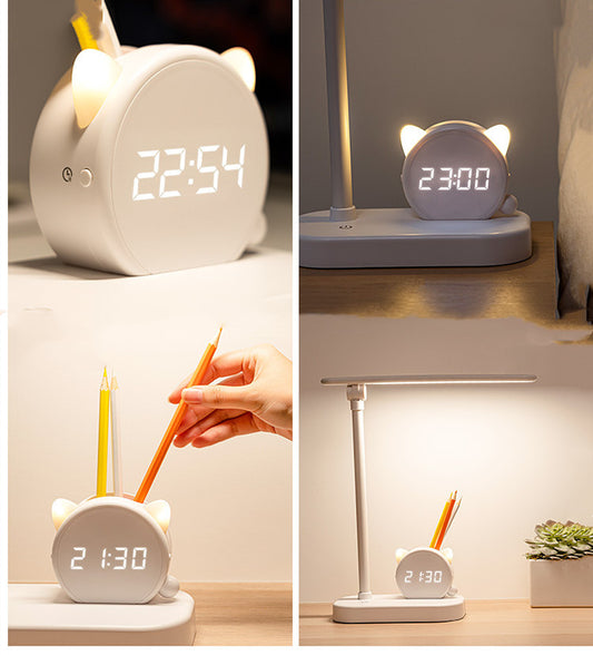 Sarah Express LED Desk Lamp with Clock and Pen Holder - USB Rechargeable Eye Protection Reading Light