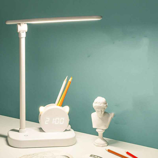 Sarah Express LED Desk Lamp with Clock and Pen Holder - USB Rechargeable Eye Protection Reading Light