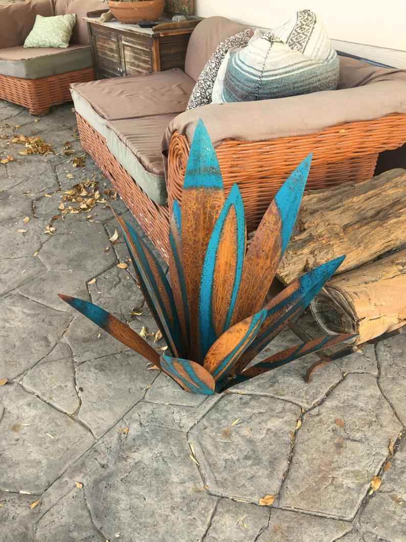Sarah Express Iron Agave Plant Garden Ornament - Blue Metal Sculpture Home Decor