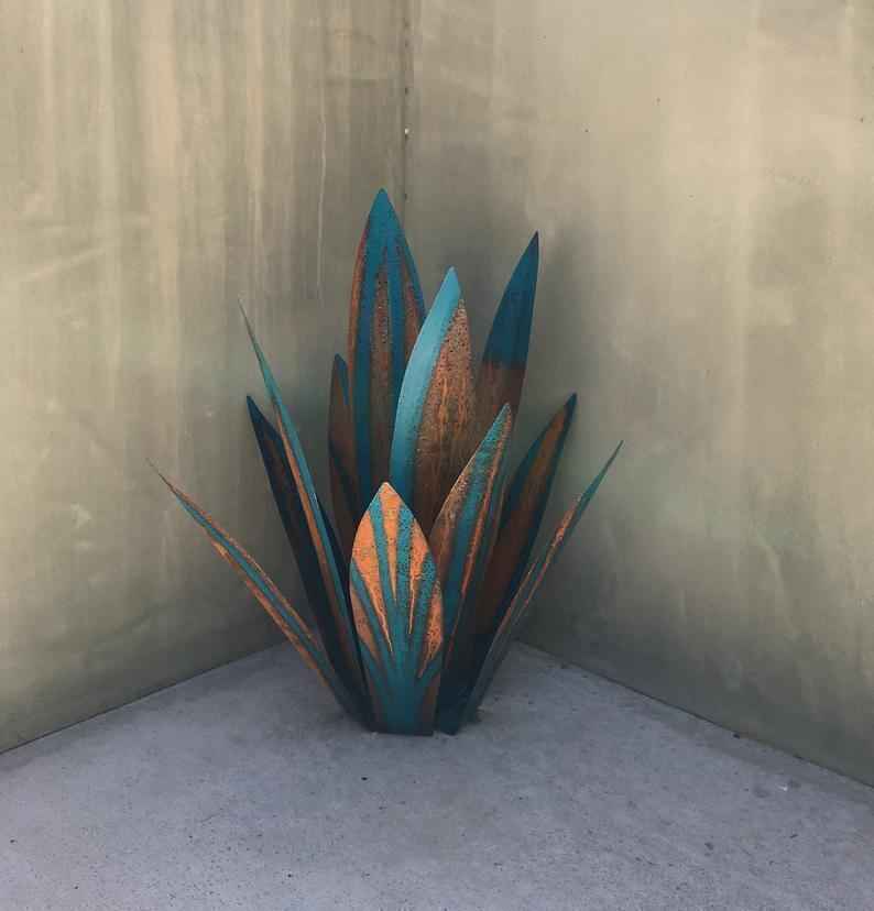 Sarah Express Iron Agave Plant Garden Ornament - Blue Metal Sculpture Home Decor