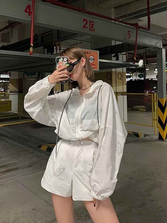 Sarah Express Women's Reflective Butterfly Print Two Piece Set Hoodie Wide Leg Shorts Tracksuit