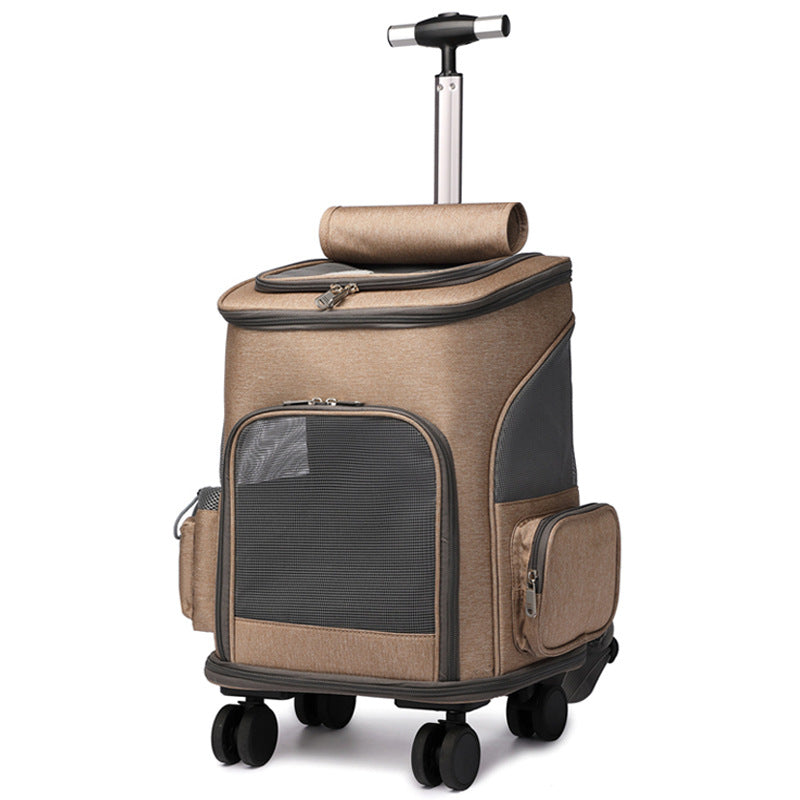 Sarah Express Space Capsule Pet Carrier Backpack with Wheels - Airline Approved Cat Dog Travel Trolley Bag Khaki