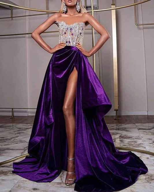 Sarah Express Purple Sequin Tube Top Evening Dress - Rhinestone Embellished Party Dress