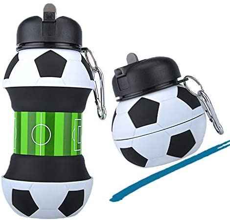 Sarah Express Soccer Ball Collapsible Water Bottle - BPA-Free Silicone Sports Bottle with Straw