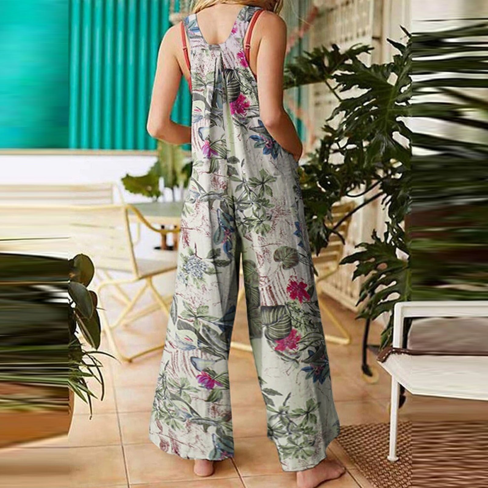 Sarah Express Women's Patchwork Printed Button Suspender Jumpsuit Loose Fit Cotton Blend Casual Overall