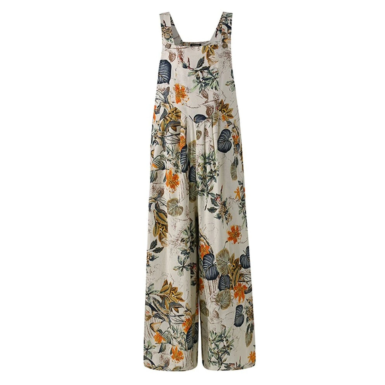 Sarah Express Women's Patchwork Printed Button Suspender Jumpsuit Loose Fit Cotton Blend Casual Overall