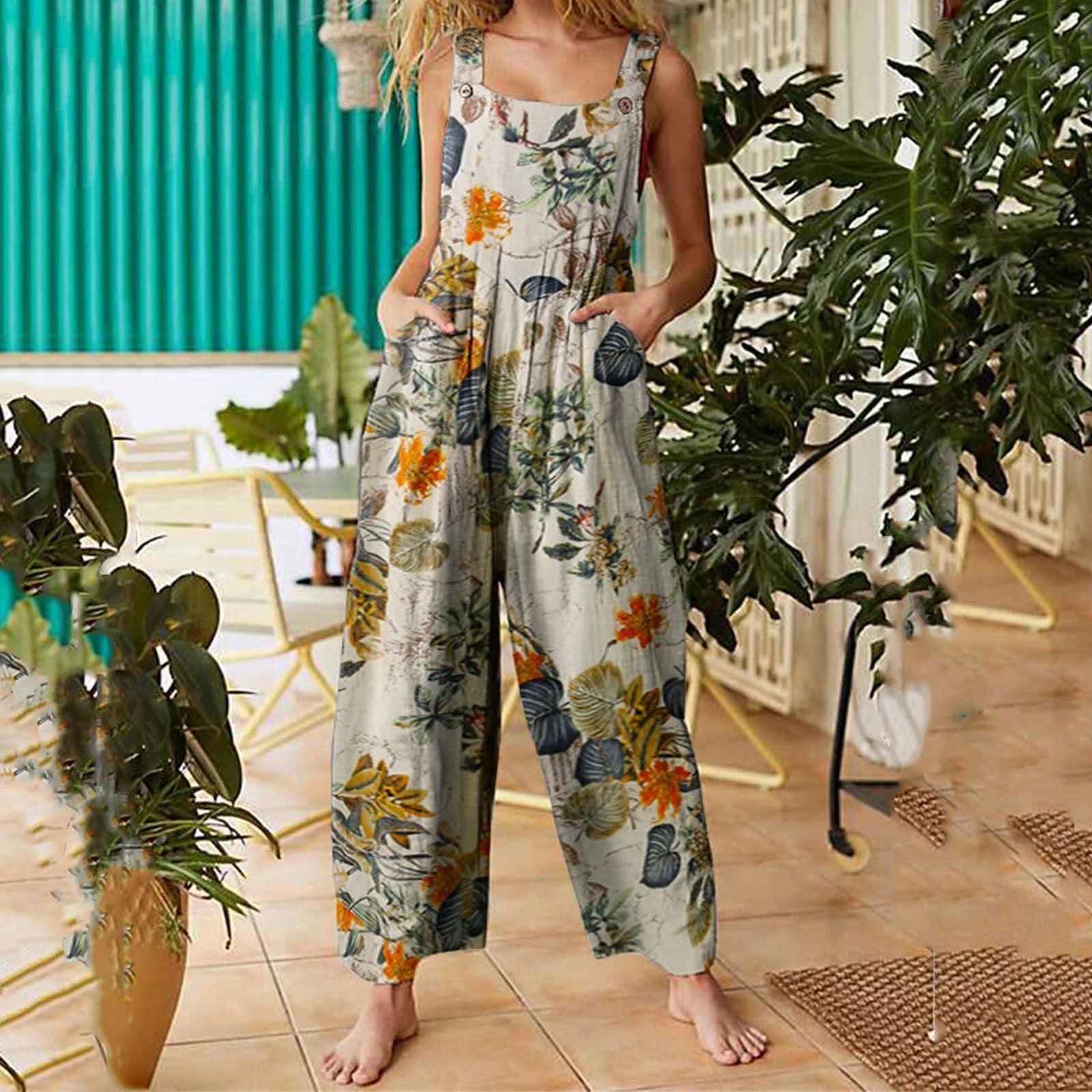 Sarah Express Women's Patchwork Printed Button Suspender Jumpsuit Loose Fit Cotton Blend Casual Overall