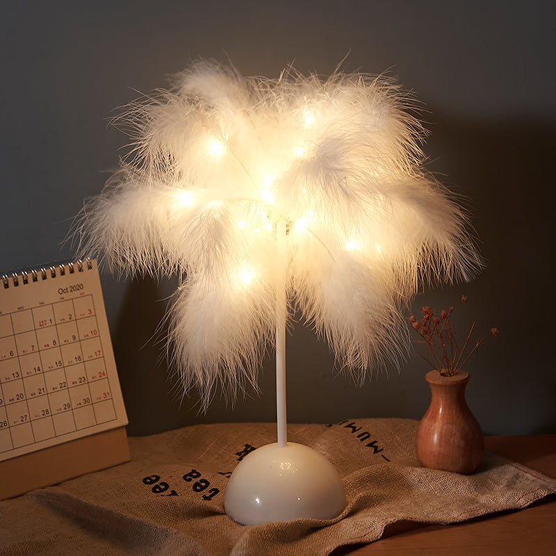 Sarah Express Nordic Feather Table Lamp - Decorative Bedside Night Light with Remote Control White Battery