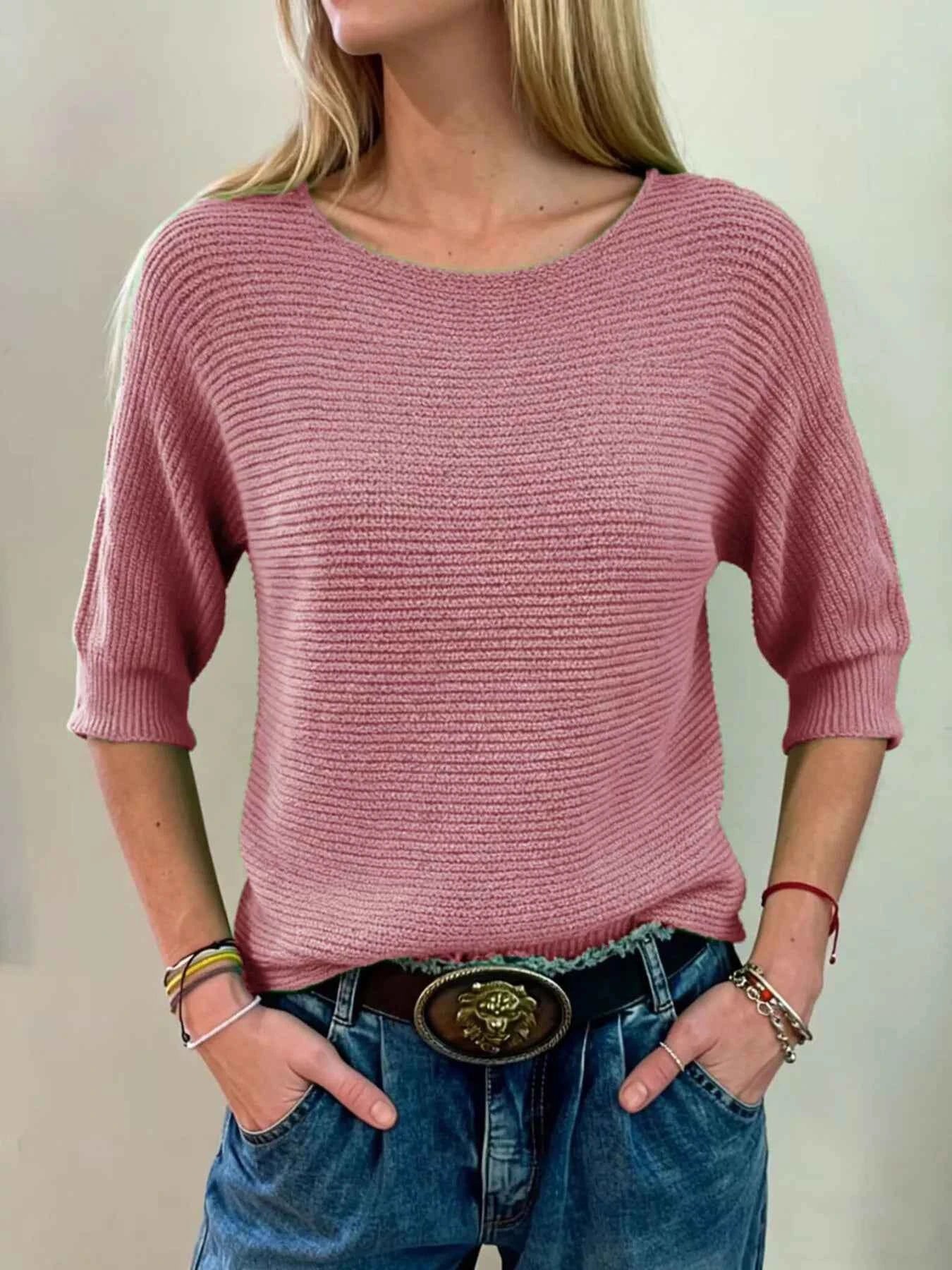 Sarah Express Women's Ribbed Knit Round Neck Sweater - Plus Size Available Lotus Color