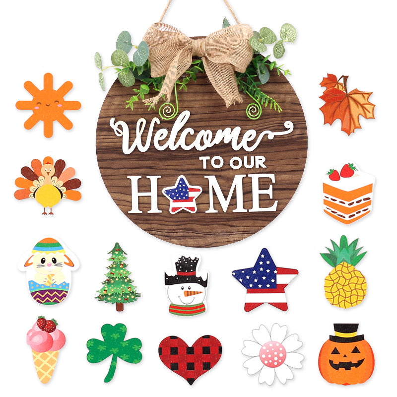 Interchangeable Wooden Door Hanger with 14 Magnetic Seasonal Plaques - Farmhouse Welcome Sign