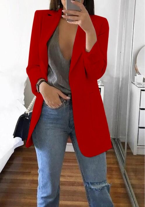 Sarah Express Women's Lapel Blazer Cardigan Slim Fit Long Sleeve - Work Office Professional Medium Length