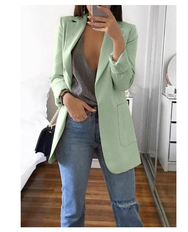 Sarah Express Women's Lapel Blazer Cardigan Slim Fit Long Sleeve - Work Office Professional Medium Length