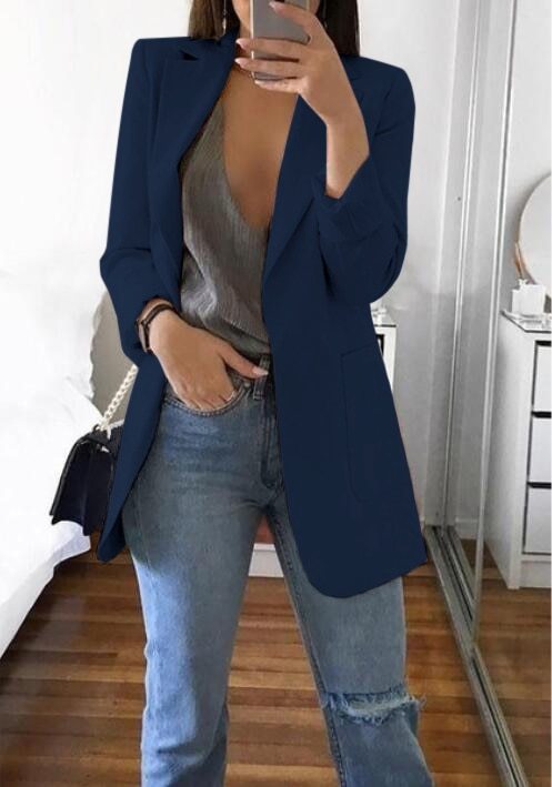 Sarah Express Women's Lapel Blazer Cardigan Slim Fit Long Sleeve - Work Office Professional Medium Length