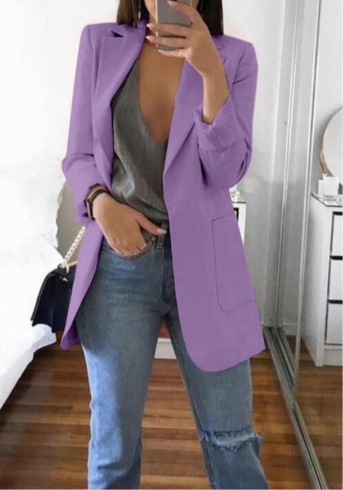 Sarah Express Women's Lapel Blazer Cardigan Slim Fit Long Sleeve - Work Office Professional Medium Length