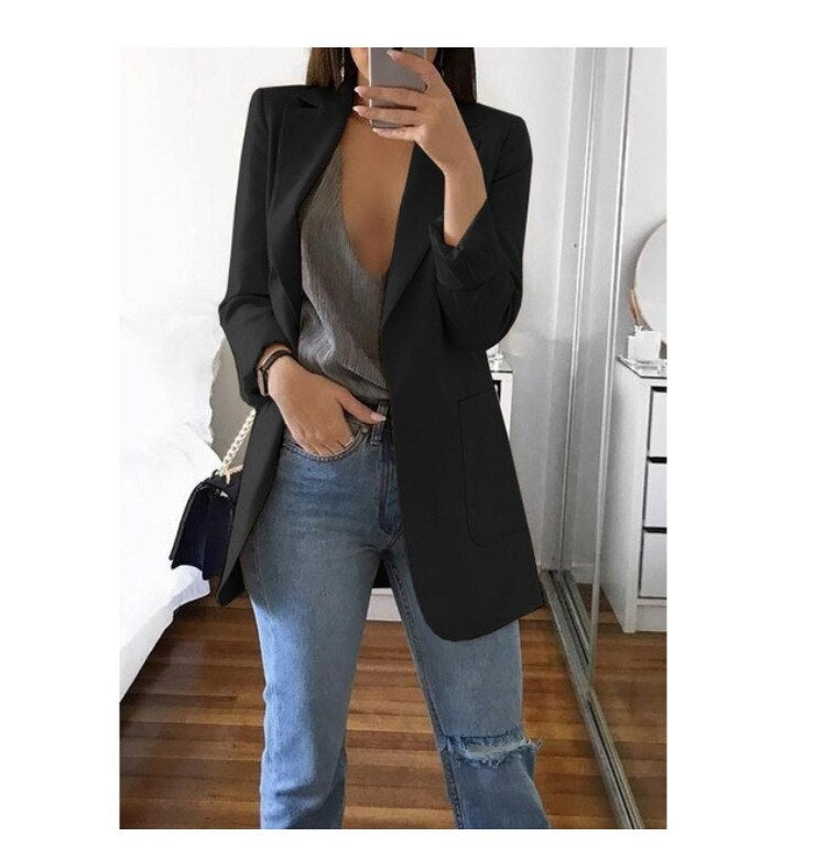 Sarah Express Women's Lapel Blazer Cardigan Slim Fit Long Sleeve - Work Office Professional Medium Length
