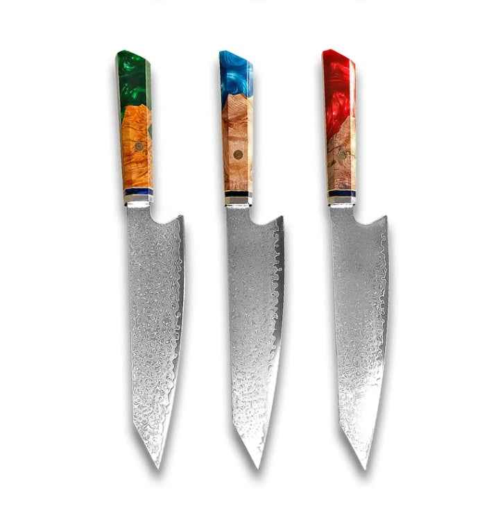 Sarah Express Premium Damascus Steel Chef Knife - Professional Japanese Kitchen Knife 8.1 Inch Red Green Blue 34.7cm