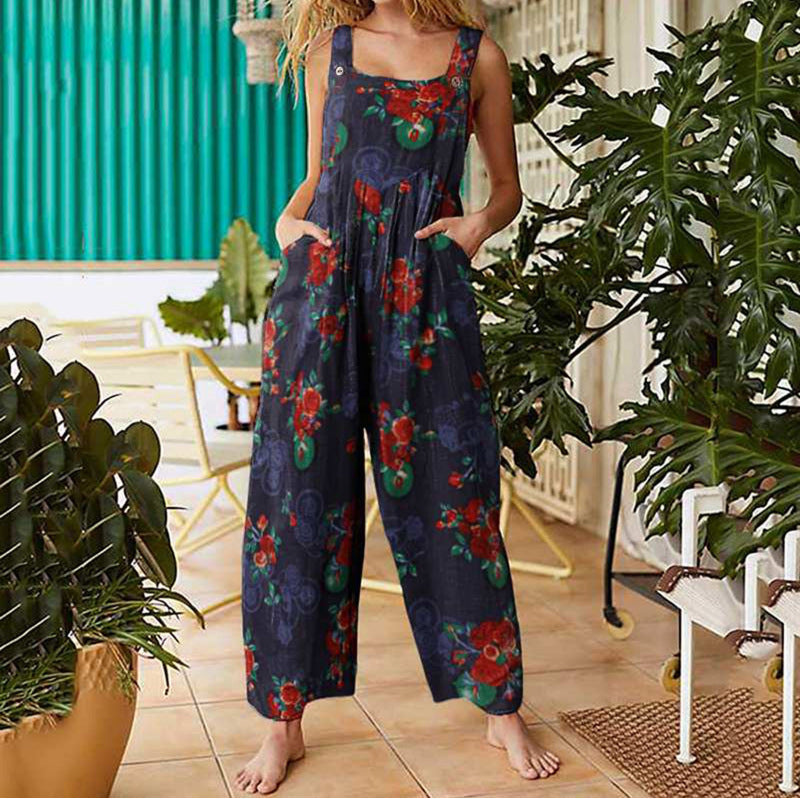 Sarah Express Women's Patchwork Printed Button Suspender Jumpsuit Loose Fit Cotton Blend Casual Overall