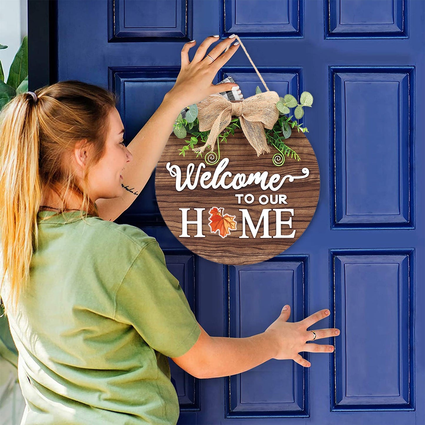 Interchangeable Wooden Door Hanger with 14 Magnetic Seasonal Plaques - Farmhouse Welcome Sign
