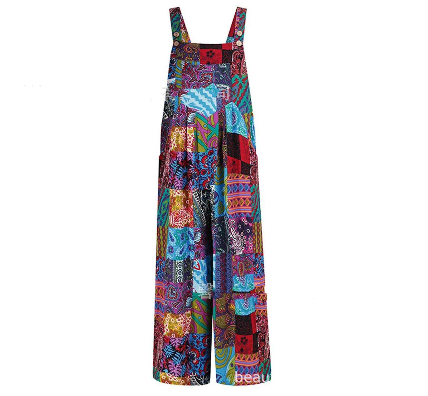 Sarah Express Women's Patchwork Printed Button Suspender Jumpsuit Loose Fit Cotton Blend Casual Overall