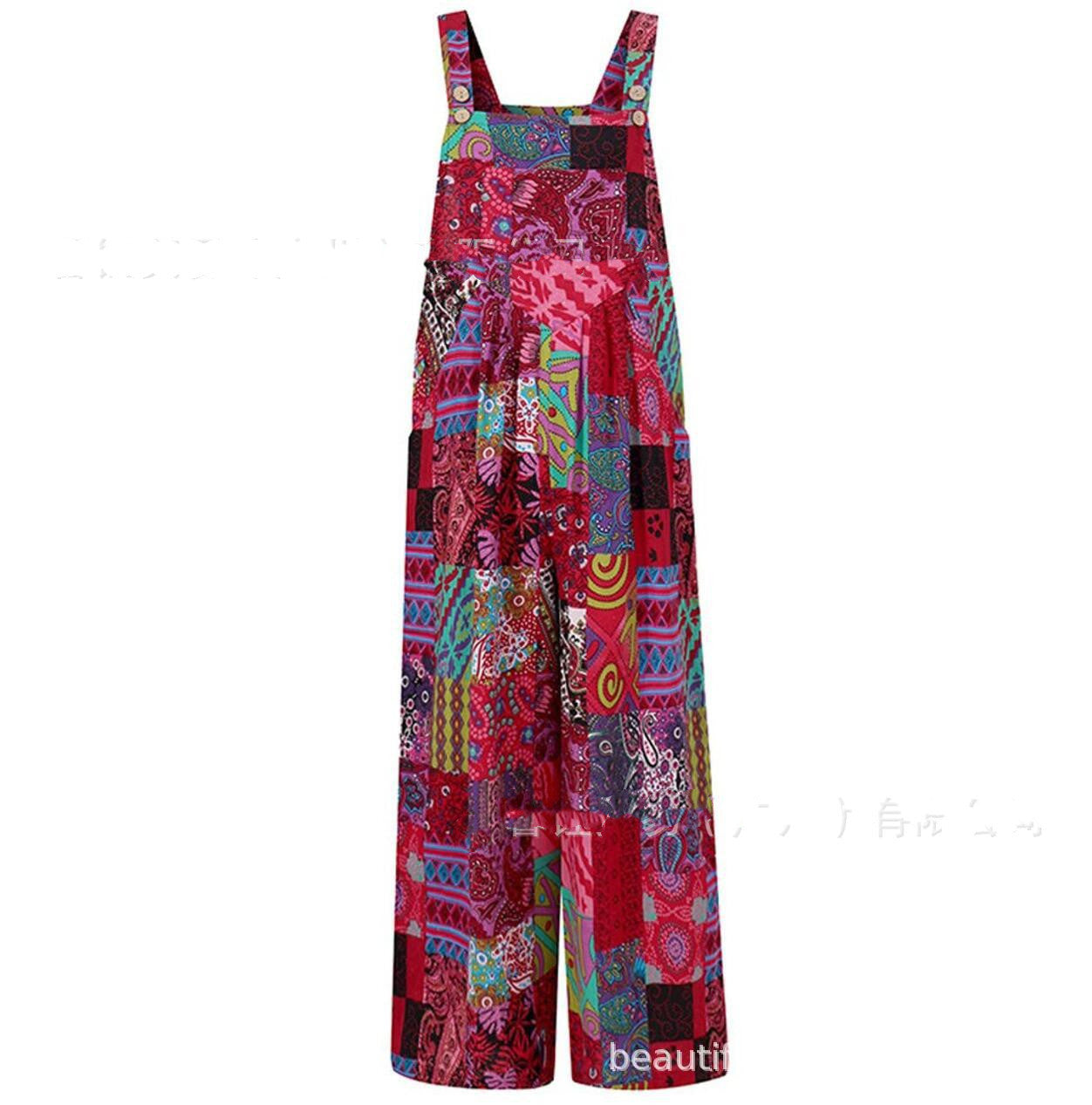 Sarah Express Women's Patchwork Printed Button Suspender Jumpsuit Loose Fit Cotton Blend Casual Overall