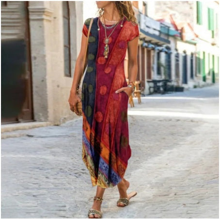 Sarah Express Women's Printed Pocket Dress Short Sleeve Round Neck Casual Summer Dress Red