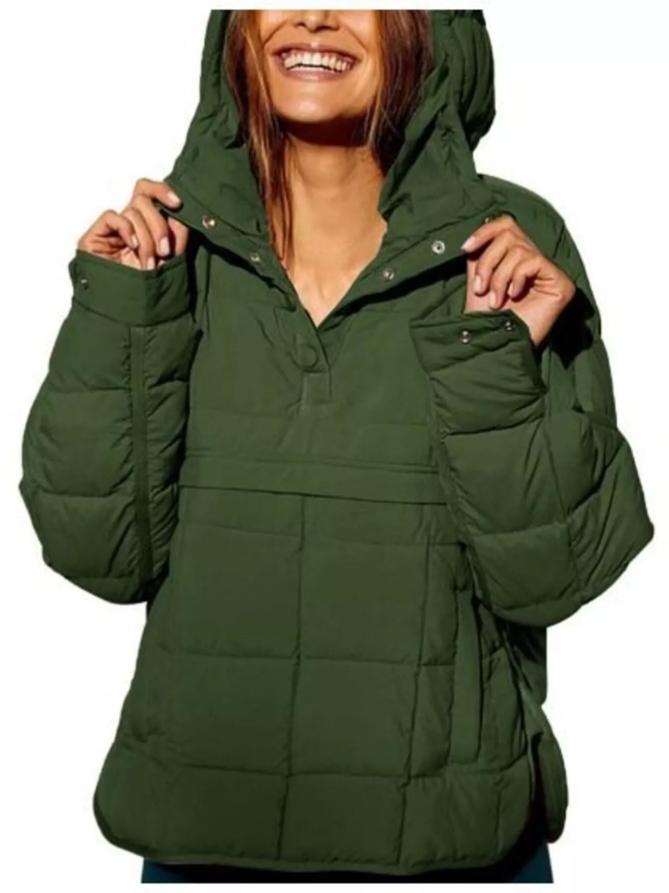 Sarah Express Women's Quarter Snap Hooded Puffer Jacket Army Green