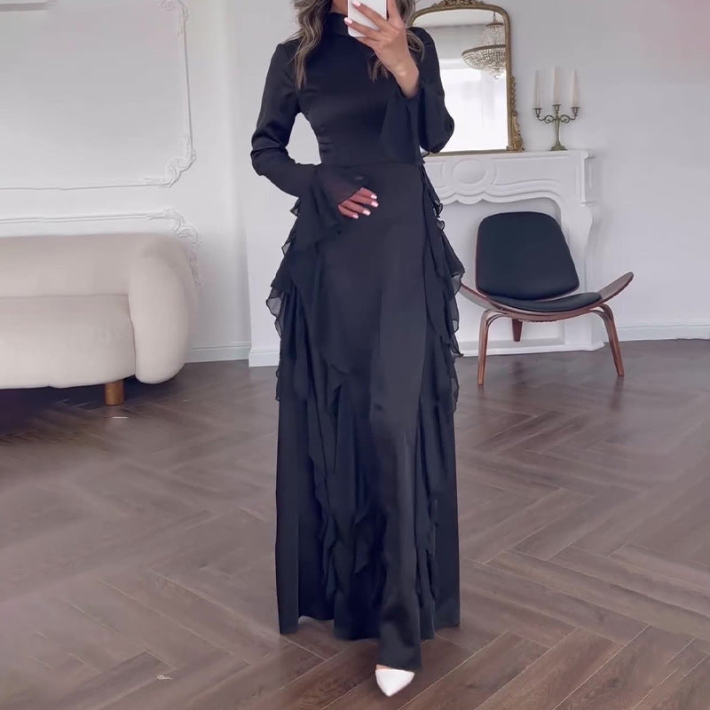 Sarah Express Women's High Waist Flared Sleeve Maxi Dress Round Neck Elegant Patchwork