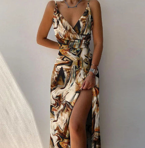 Women's V-Neck Slit Maxi Dress Sling Strap Sleeveless Summer Irregular Hem Polyester Dress