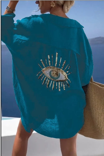 Sarah Express Sequin Beaded Beach Cardigan Shirt Long Sleeve Loose Fit