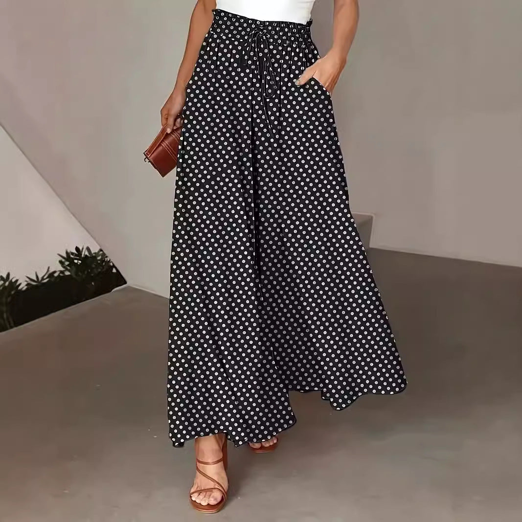 Sarah Express Women's Polka Dot Wide-Leg Pants Elastic Waist Loose Fit Casual Trousers