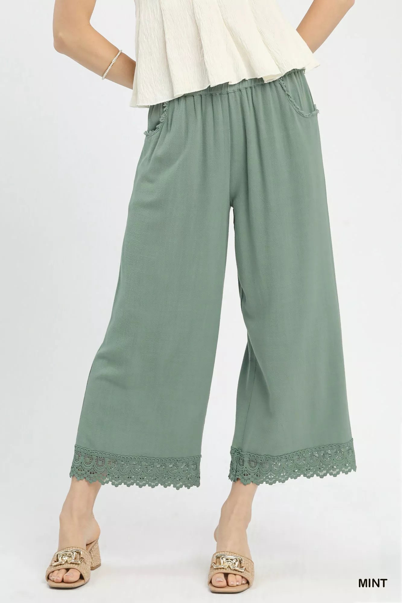 Sarah Express Women's Linen Wide Leg Cropped Pants with Lace Trim - Breathable Summer Palazzo Pants MINT