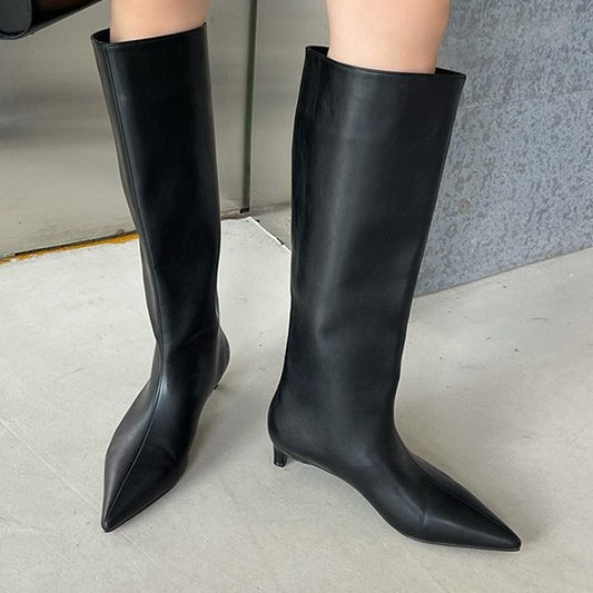 Sarah Express Women's Wide-Calf Knee-High Riding Boots | Pointed Toe Kitten Heel | PU Leather
