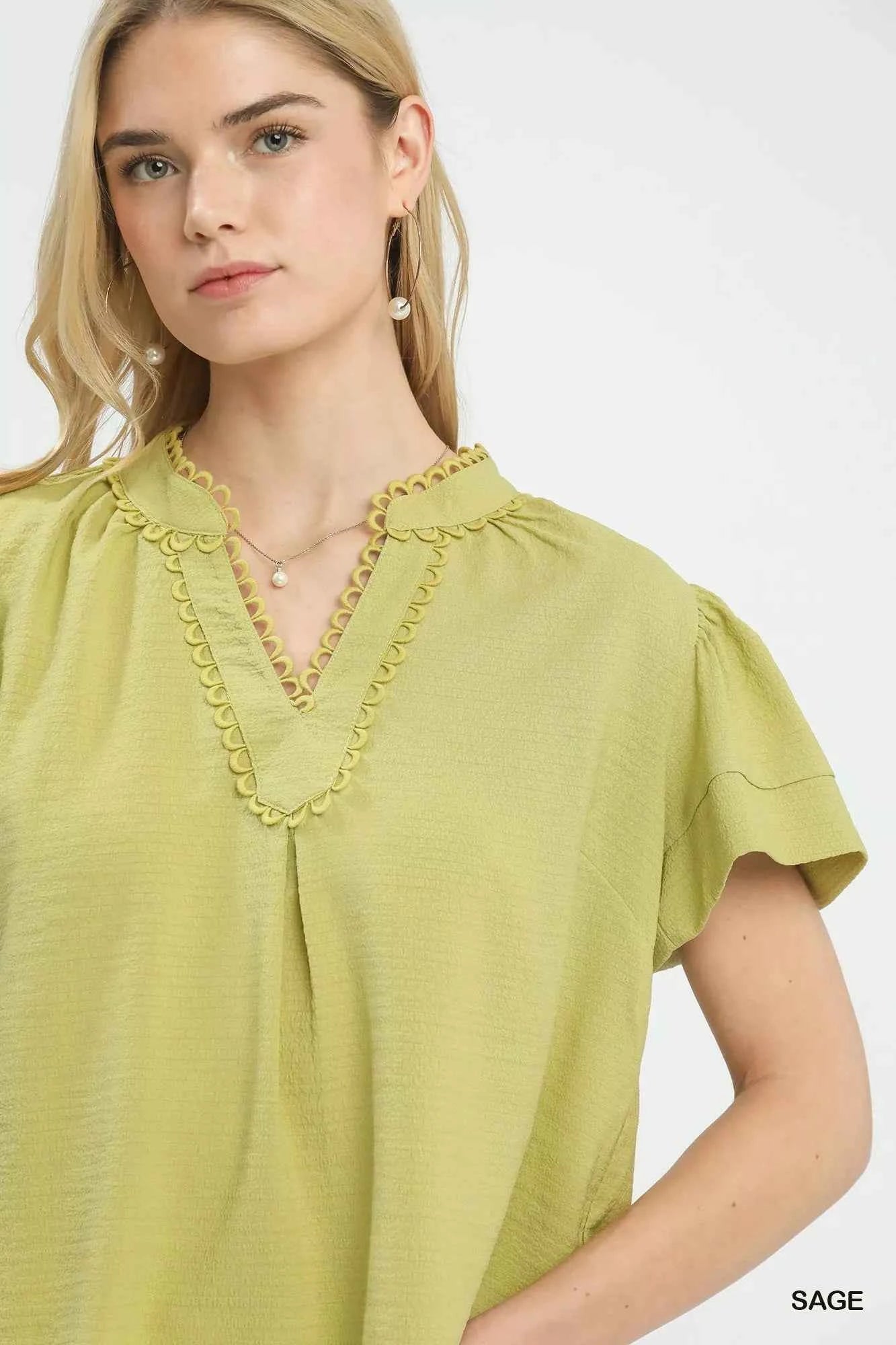 Sarah Express Women's Seersucker Short Sleeve Top with Lace Trim