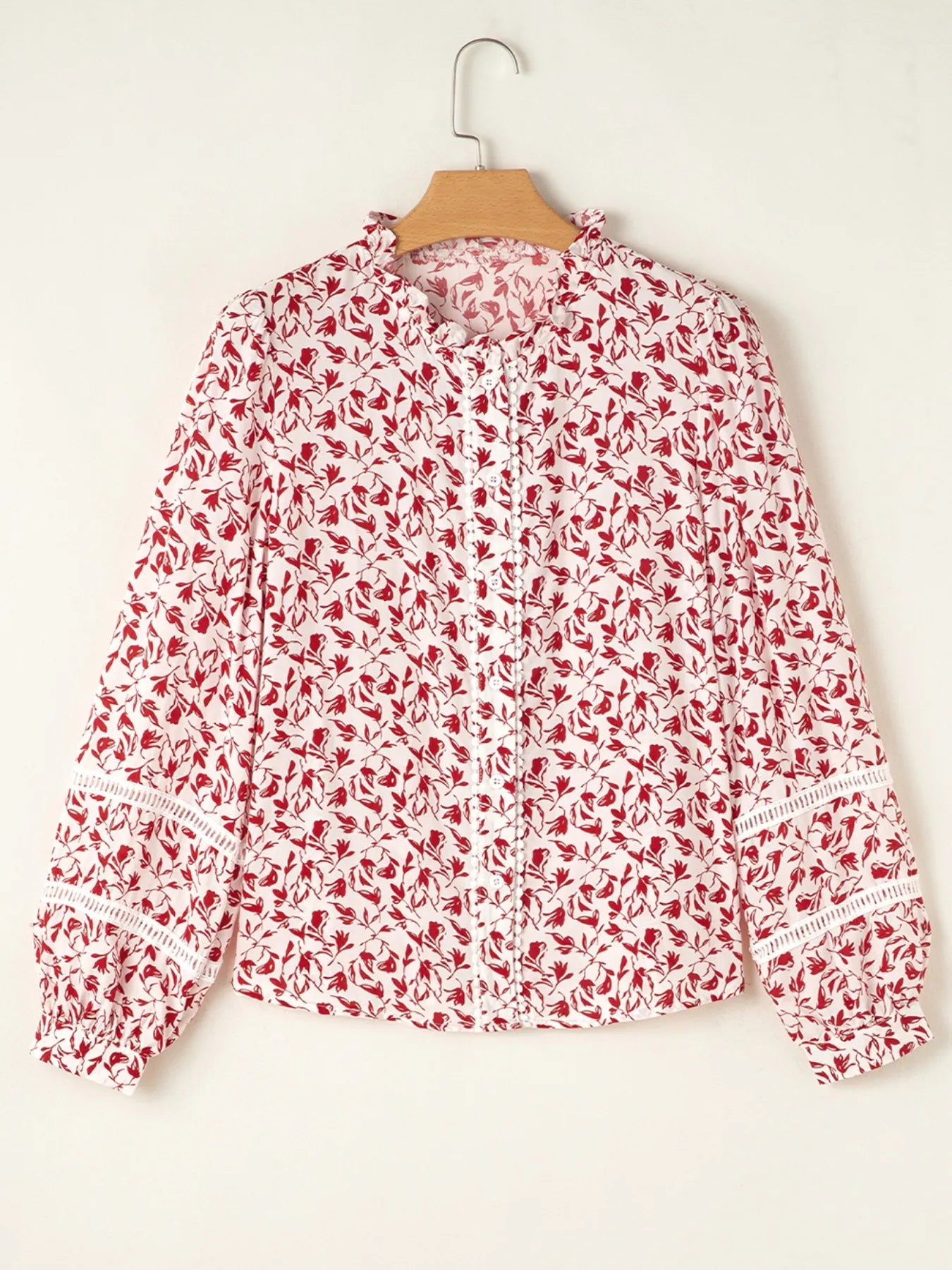 Sarah Express Women's Floral Button Down Long Sleeve Shirt - Ruffled Viscose Blouse