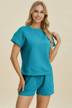 Sarah Express Women’s Plus Size Textured Top and Shorts Lounge Set
