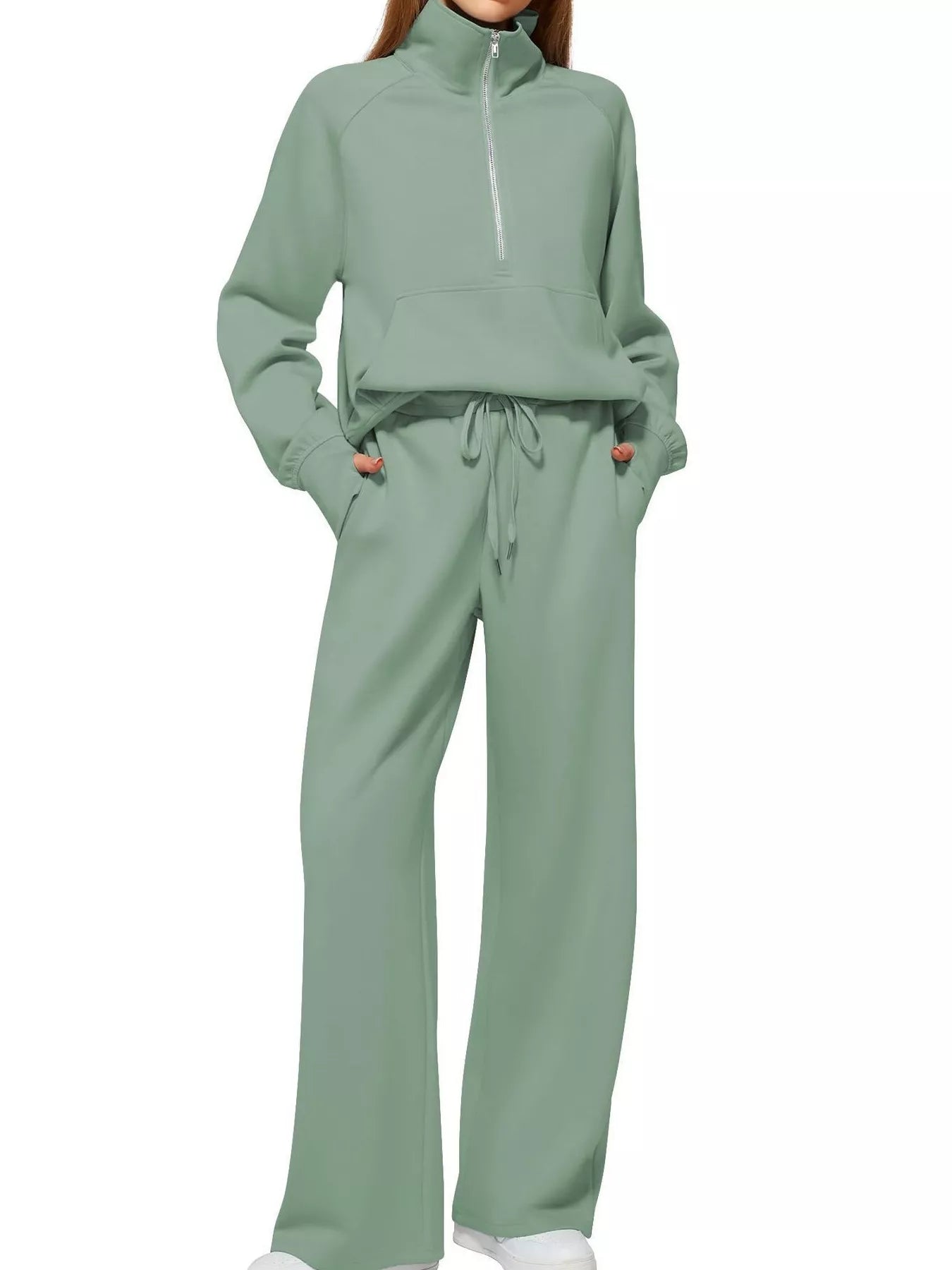 Sarah Express Women's Half-Zip Sweatshirt and Wide-Leg Pants Set Plus Size Light Green