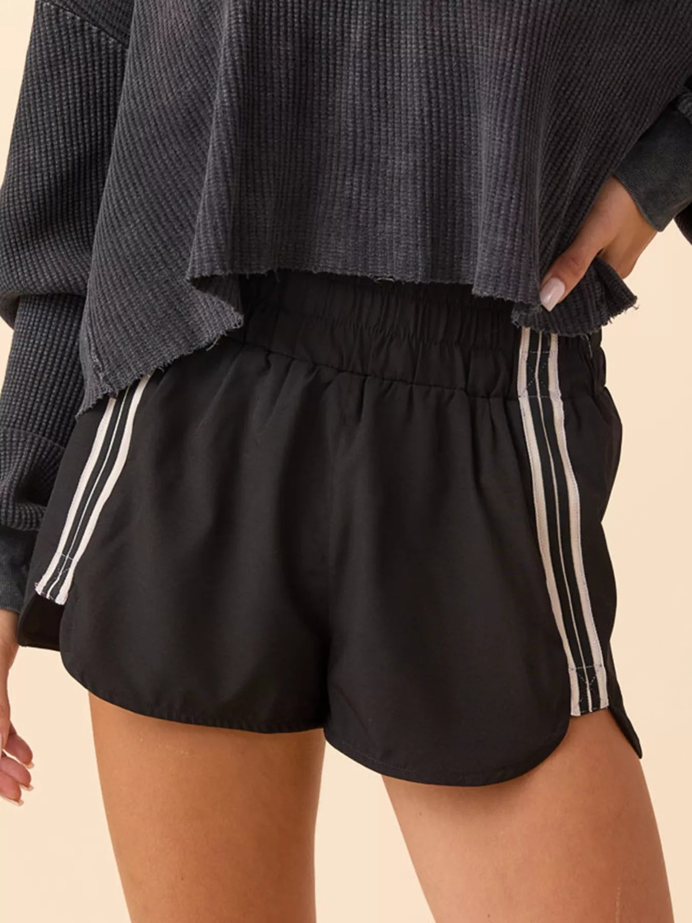 Sarah Express Women's Elastic Waist Varsity Striped Athleisure Shorts Black