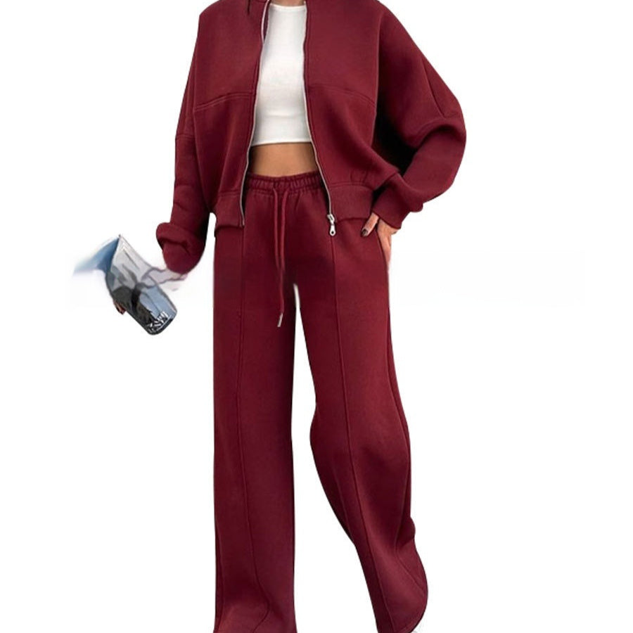 Sarah Express Women's Athleisure Tracksuit Set - Zipper Jacket & Wide Leg Pants Two Piece Outfit Wine Red