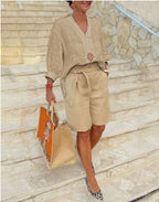 Sarah Express Women's Cotton Linen Half Sleeve Top and Capri Pants Two-Piece Casual Set