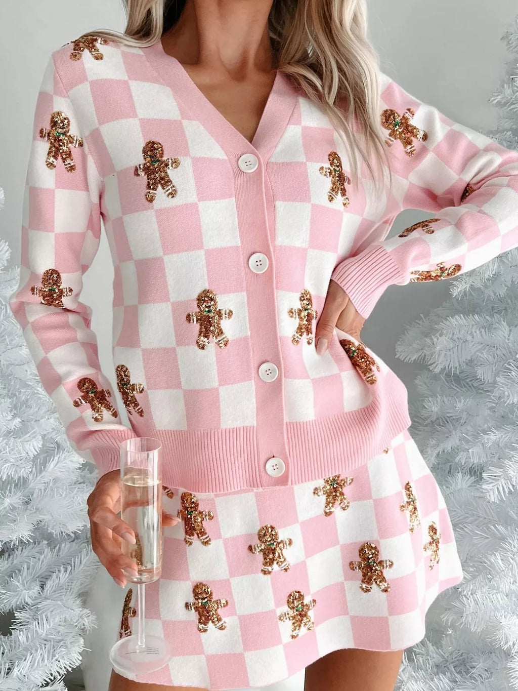 Sarah Express Women's Gingerbread Checkered Cardigan and Skirt Sweater Set